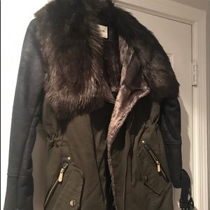 River Island Army Green and Fur Coat  Size S-UK 10